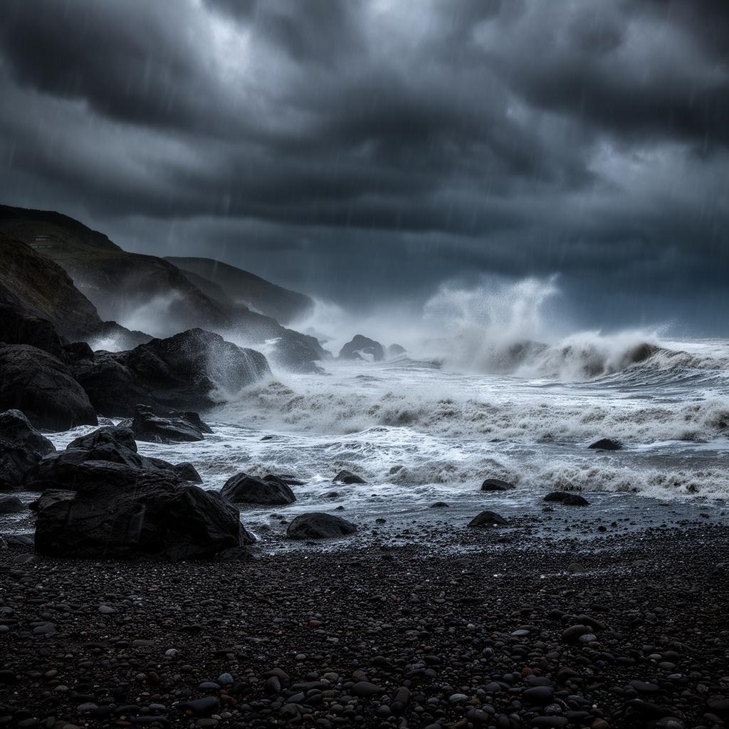 A dramatic beach during a storm — representing the power of overwhelming emotions and the strength to weather them